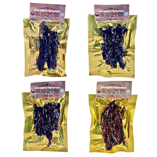 Four packages of Big Willy's Raw dog treats on a white background. Father's Day Jerky Gift, Beef Jerky Sampler Pack, Gourmet Meat Gift Box, Father's Day Gifts online.