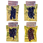 Four packages of Big Willy's Raw dog treats on a white background. Beef Jerky Sampler Pack, Gourmet Meat Gift Box, Colorado Grass Fed Jerky