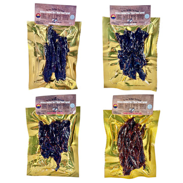 Four packages of Big Willy's Raw dog treats on a white background. Father's Day Jerky Gift, Beef Jerky Sampler Pack, Gourmet Meat Gift Box, Father's Day Gifts online.