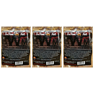 Three packages of Big Willy's Da Beers Nuts on a white background. Gourmet Roasted Peanuts, Father's Day Snack Gift, Craft Beer Nuts