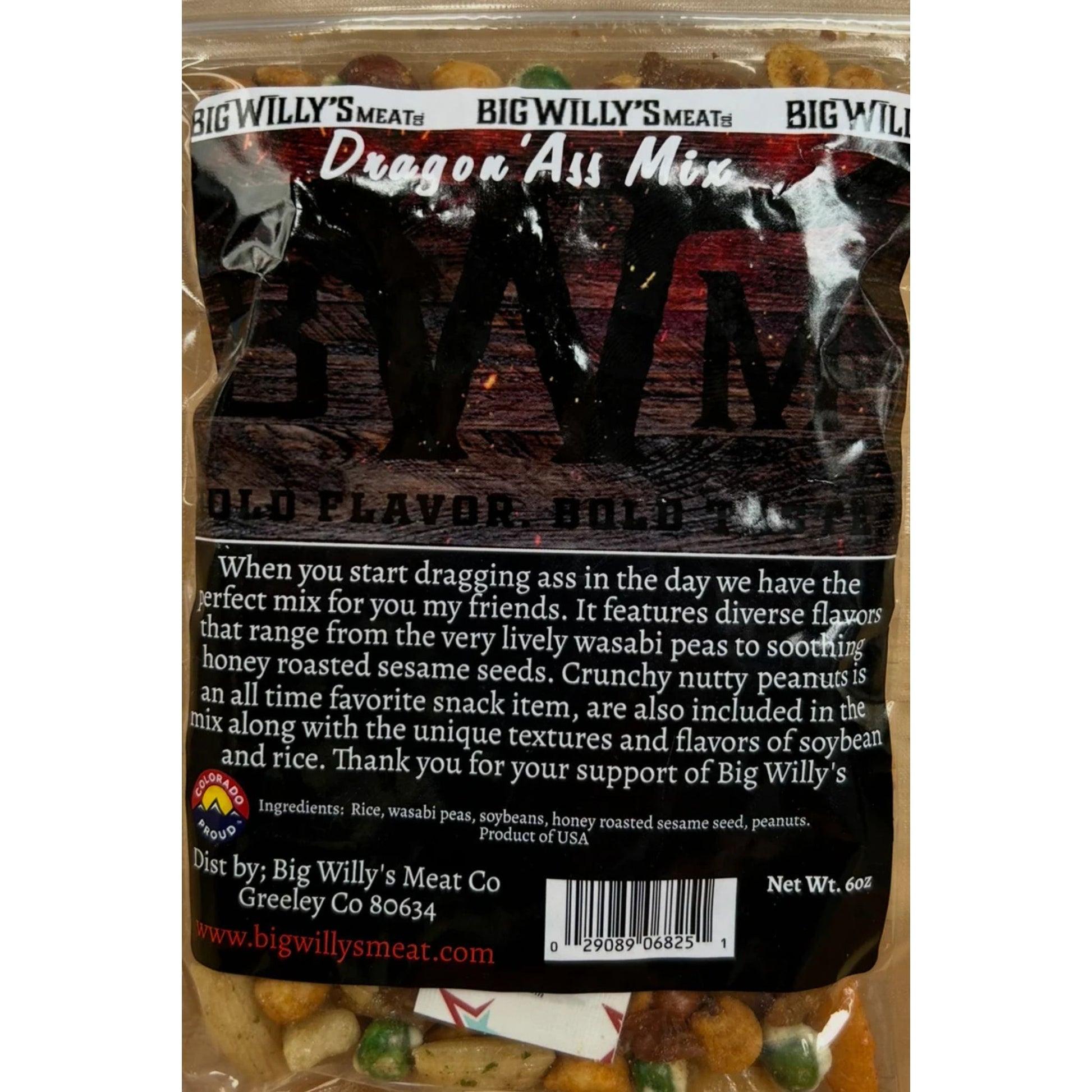 Packaged snack mix with 'Big Willy's Meat' branding on a white background. Energy Trail Mix, Wasabi Pea Snack Mix, Sweet and Spicy Trail Mix.