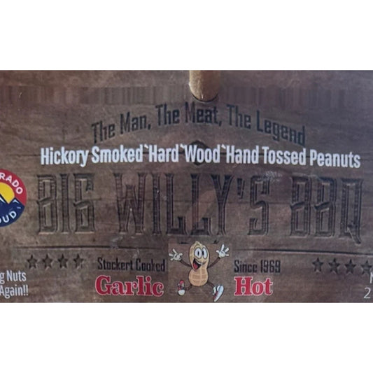 Big Willy's BBQ label with text and branding on a brown background. Gourmet peanuts, hot peanuts.