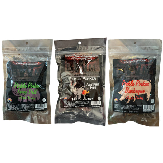 Three packages of Pickle Porker pork jerky on a white background. Pork Jerky Sampler Pack, Unique Father's Day Food Gifts, Spicy Dill Pickle Jerky