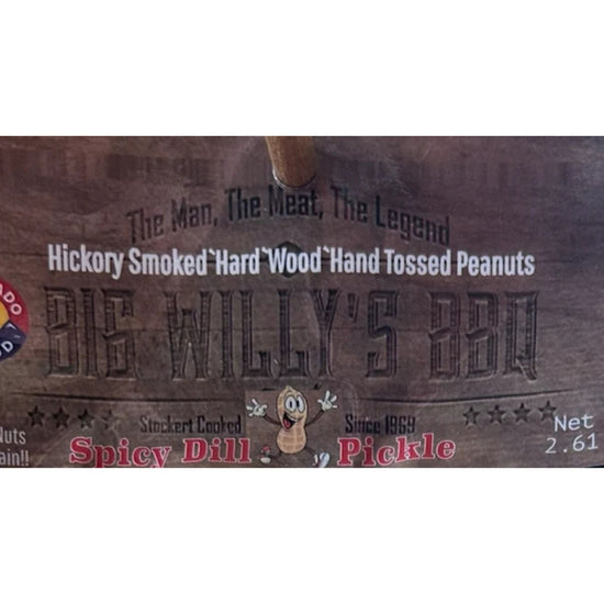 Wooden packaging for Big Willy's BBQ Spicy Dill Pickle peanuts with branding and text. Spicy peanuts, traveling snacks