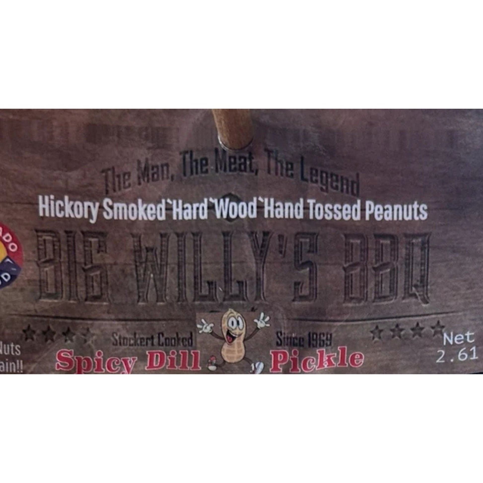 Wooden packaging for Big Willy's BBQ Spicy Dill Pickle peanuts with branding and text. Spicy peanuts, traveling snacks