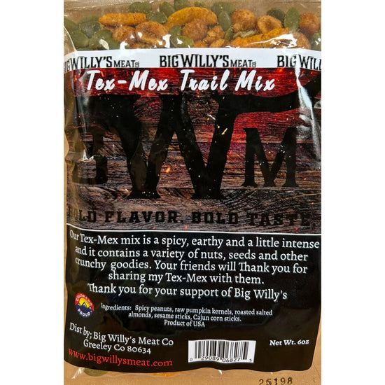 Packaged Tex-Mex trail mix with Big Willy's Meat Co branding on a white background. Spicy Southwestern Trail Mix, Gourmet Trail Mix, Bold Party Snacks.
