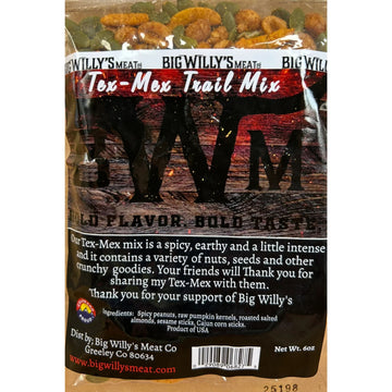 Packaged Tex-Mex trail mix with Big Willy's Meat Co branding on a white background. Spicy Southwestern Trail Mix, Gourmet Trail Mix, Bold Party Snacks.